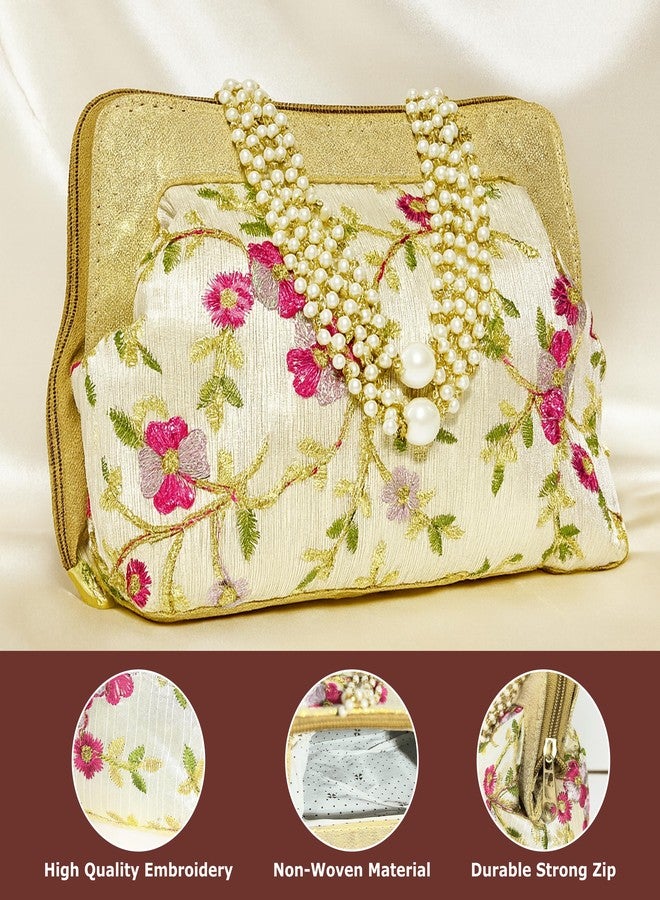 Epics Elegant Embroidered Floral Clutch for Women - Premium Pearl Handle Wedding Party Bag with Rich Multi-Color Threadwork, Golden Base & Zip Closure - Perfect for Bridal, Festive & Gifting Purposes - Image 3
